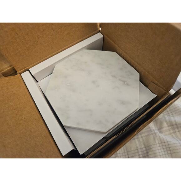 NIB D'Eco White Carrara Marble Coasters & Rose Gold Coaster Holder, Set of 5 - Picture 4 of 13